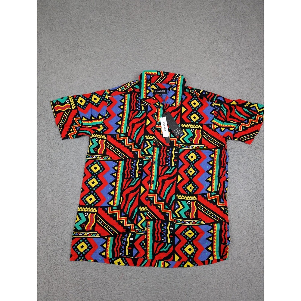Reason Shirt Mens 2XL Multicolor Geometric Short Sleeve Button Up Rayon A1-303XL